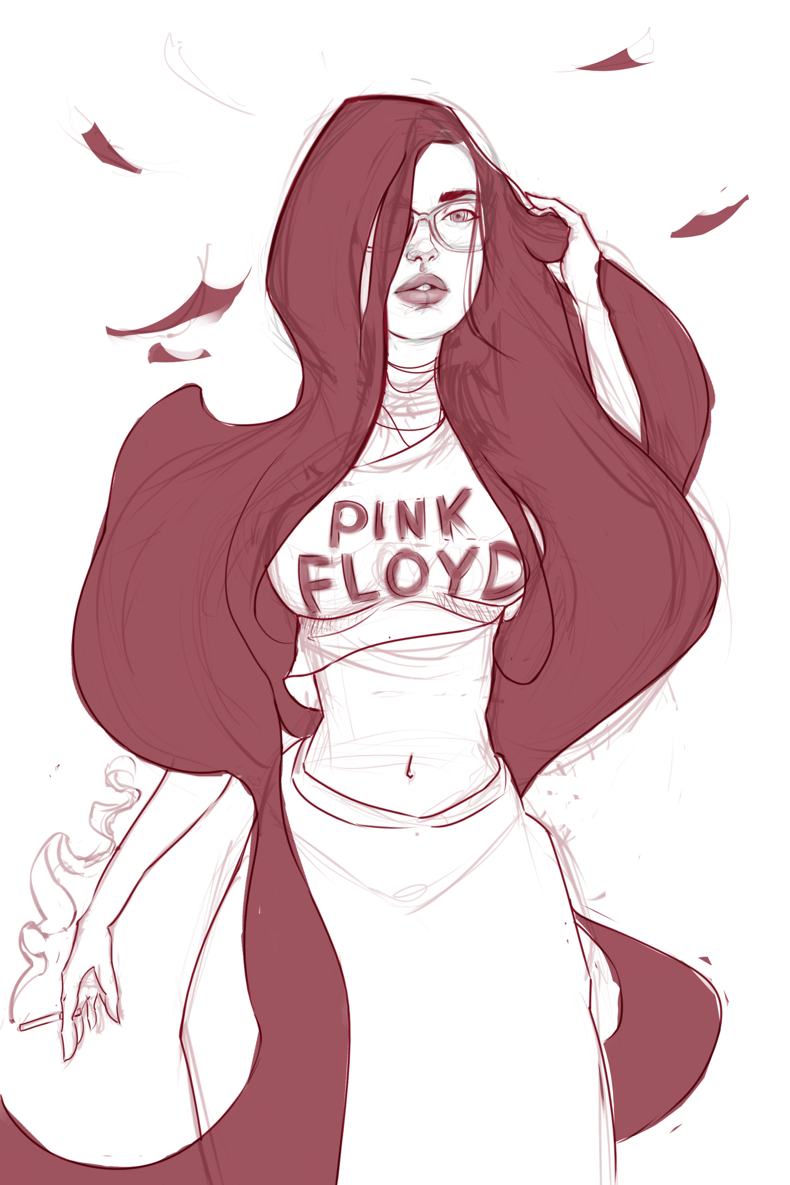 Pink Floyd girl - My, Drawing, Digital drawing, Girls, Beautiful girl, Photoshop, Portrait, Longpost, Pink floyd, Cigarettes