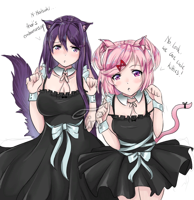 Cute kitties - Doki Doki Literature Club, Natsuki, Аниме, Не аниме, Визуальная новелла, Арт, Yuri DDLC, Неко