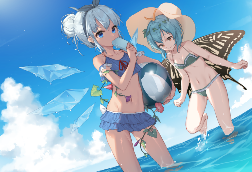 Cirno and Larva - Anime, Anime art, Touhou, Cirno, Eternity larva, Hajin, Swimsuit