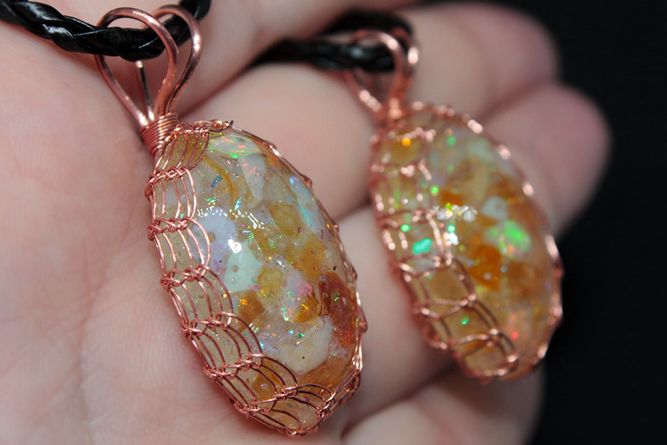 Opals in string bags - My, Needlework without process, Wire wrap, Opal, , Glass, Copper, Copper wire, Pendant, Video, Longpost