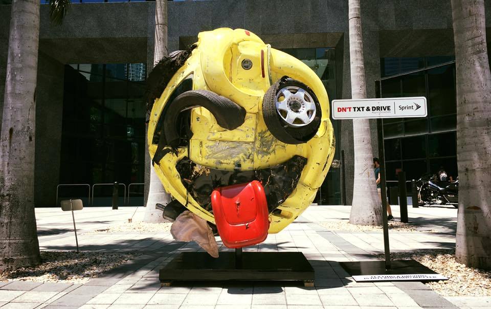 Artist Rudolf Cohn turns a wrecked car into an emoji as part of his 'Don't Text While Driving' campaign - The photo, Auto, USA, Social advertisement, Miami, Art, Reddit