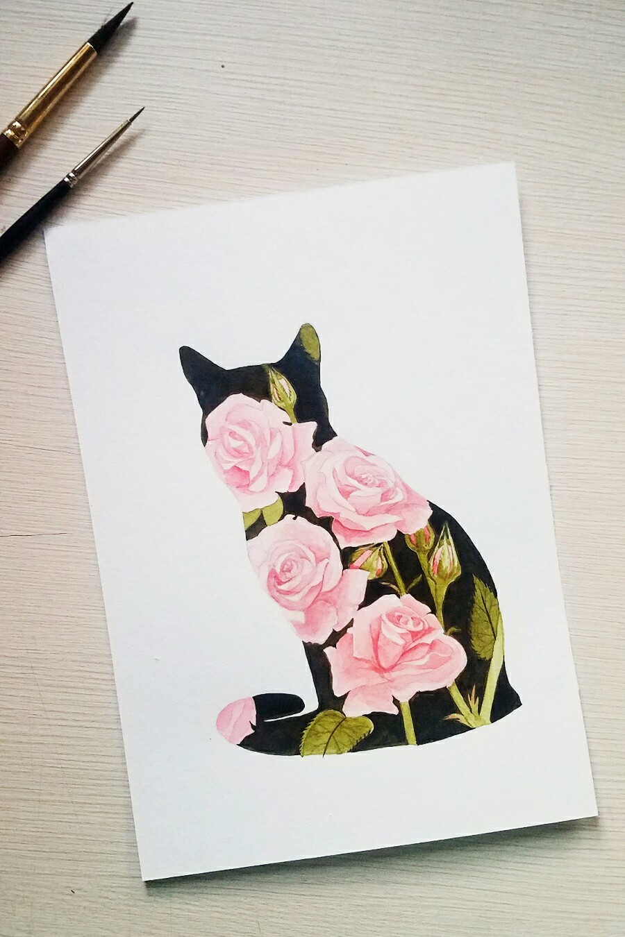 cat in flowers - My, cat, Watercolor, Longpost