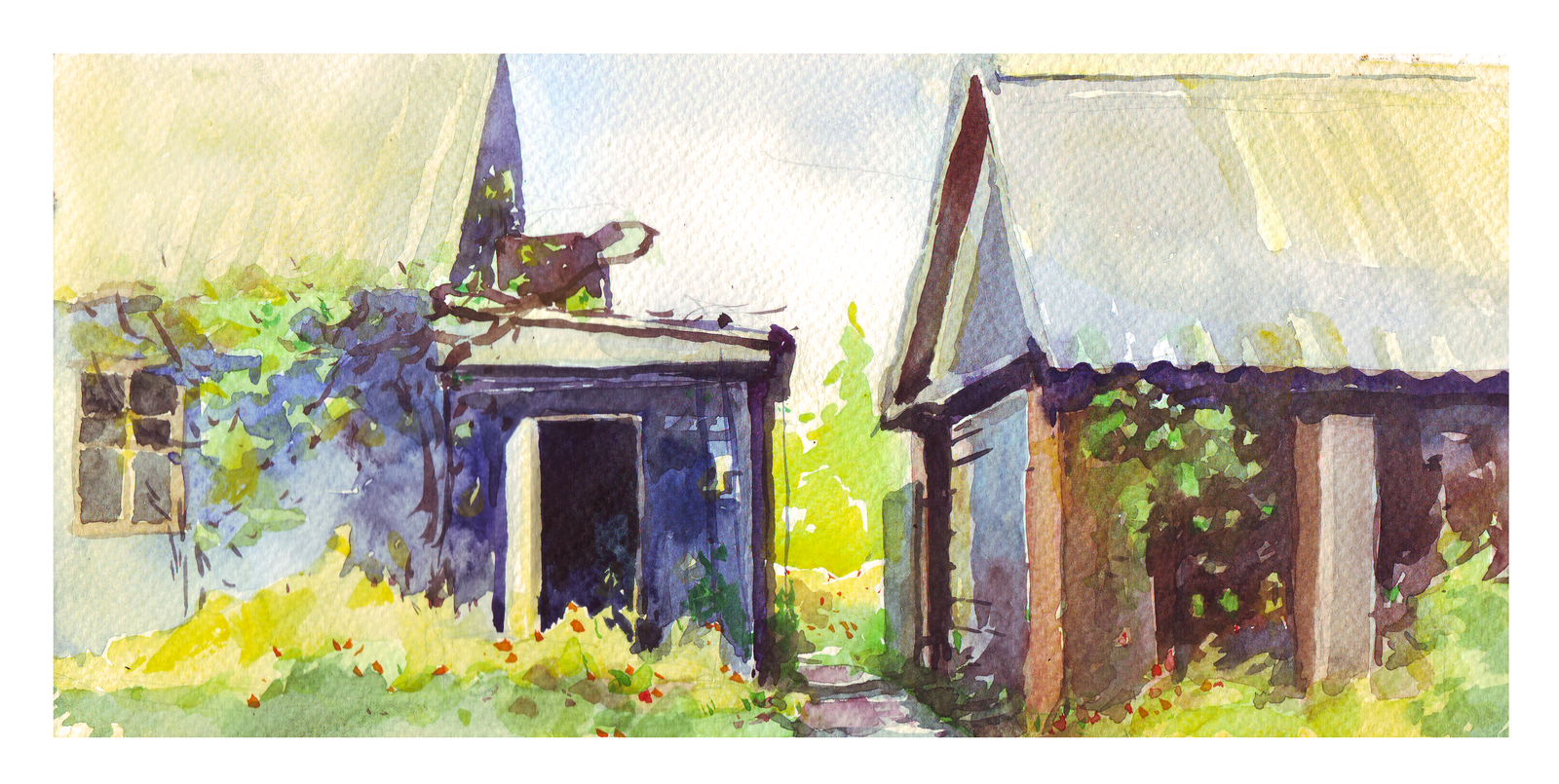 It is getting dark - My, Watercolor, Painting, Etude, House, Village, Courtyard, Drawing