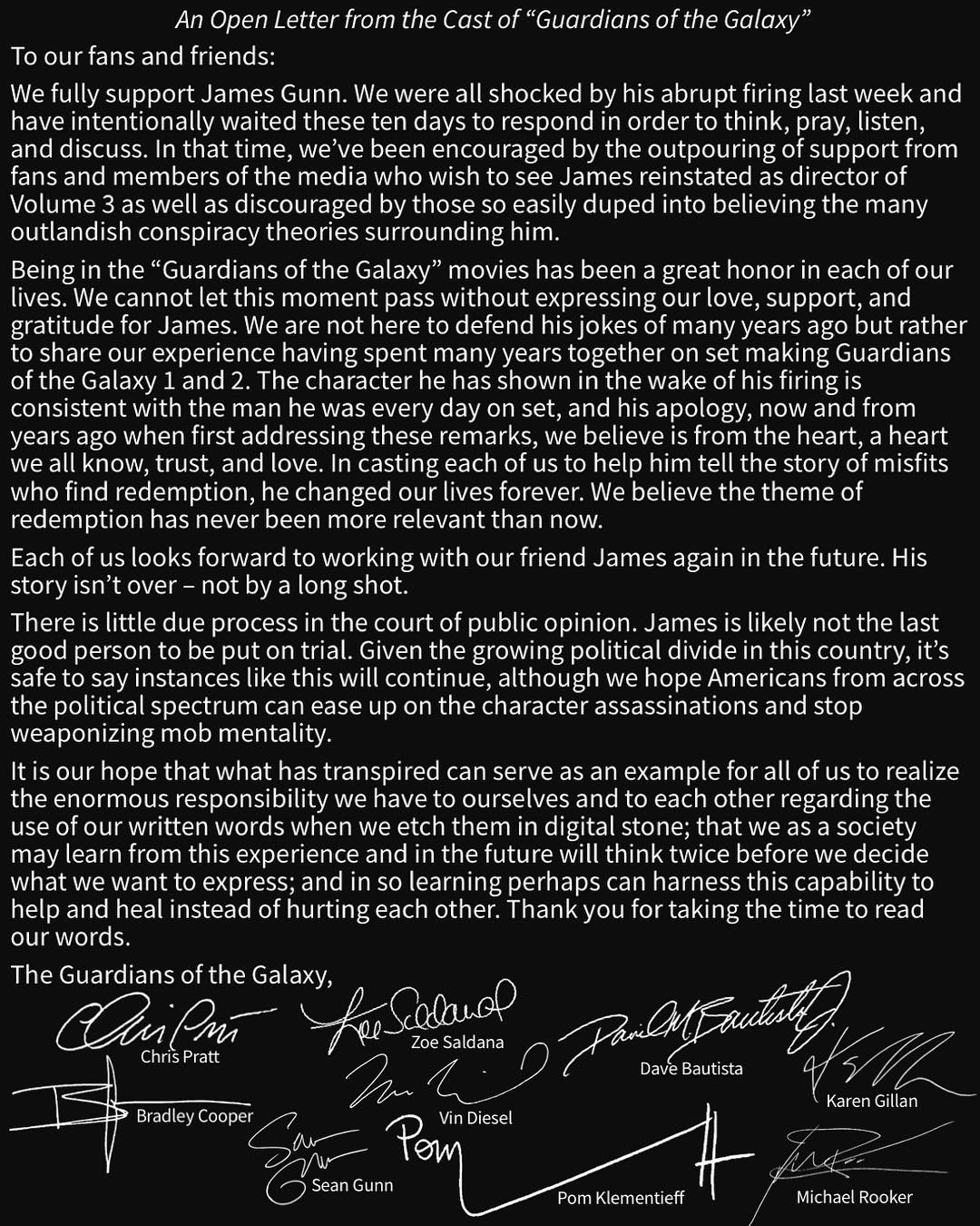 'Guardians of the Galaxy' Cast Writes Open Letter Supporting James Gunn - Movies, Guardians of the Galaxy, James Gunn, Letter, Open letter, Longpost, Celebrities