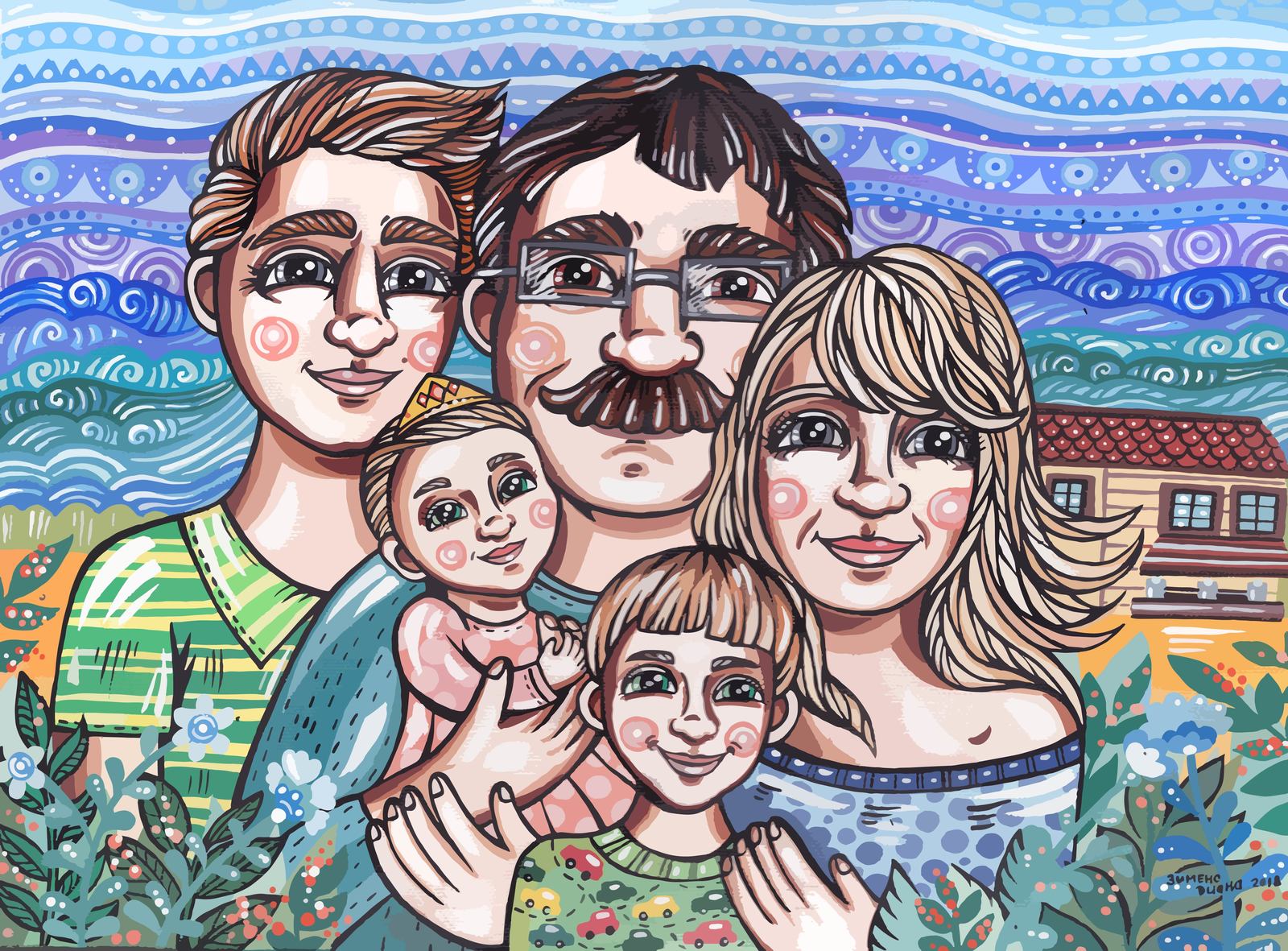 The second family portrait in my style. - My, Portrait, Drawing, Acrylic, Portrait by photo, , Family, Longpost, Children