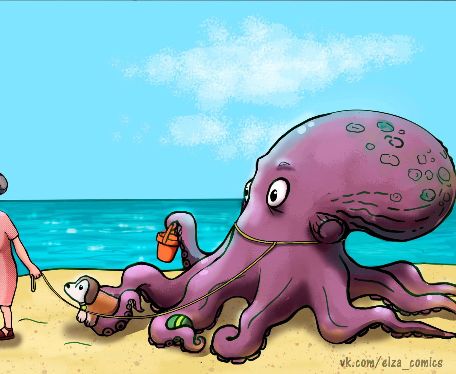 Pet - My, Comics, Pet, Octopus, Drawing, Grandmother, Walk, Beach, Pets