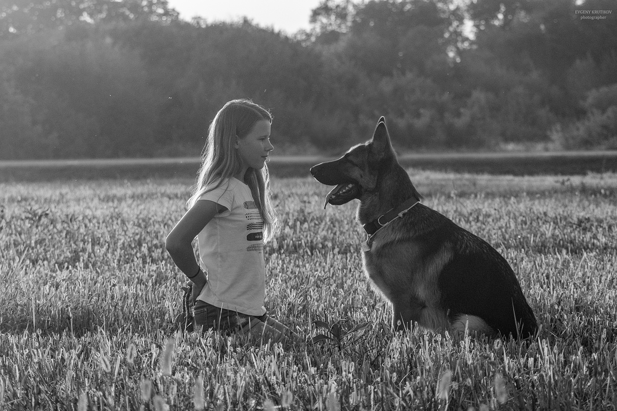 Girl and her dog. - My, Girl, Dog, German Shepherd, Black and white photo