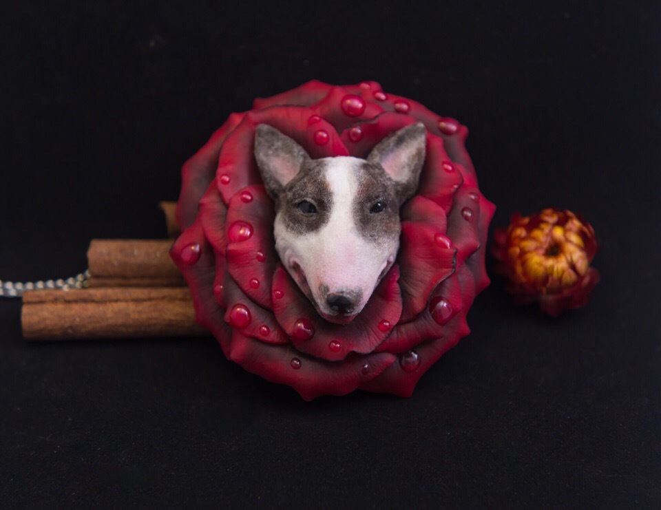 dog flowers - My, Needlework without process, Needlework, Polymer clay, Dog, Flowers, the Rose, St. Bernard, Bull terrier, Longpost