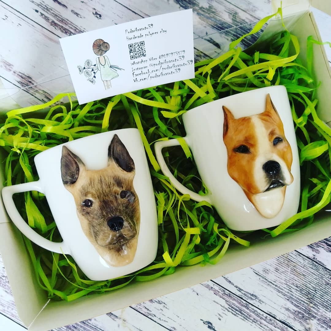 Mugs with polymer clay decor - My, With your own hands, Needlework, Dog, Creation, Presents, Polymer clay, Longpost