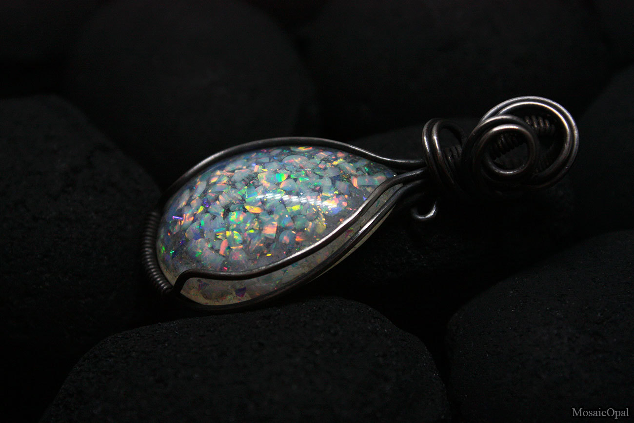 black splatter - My, Needlework without process, German silver, Opal, Wire wrap, Pendant, Epoxy resin, Wire, Laboratory opal, Longpost