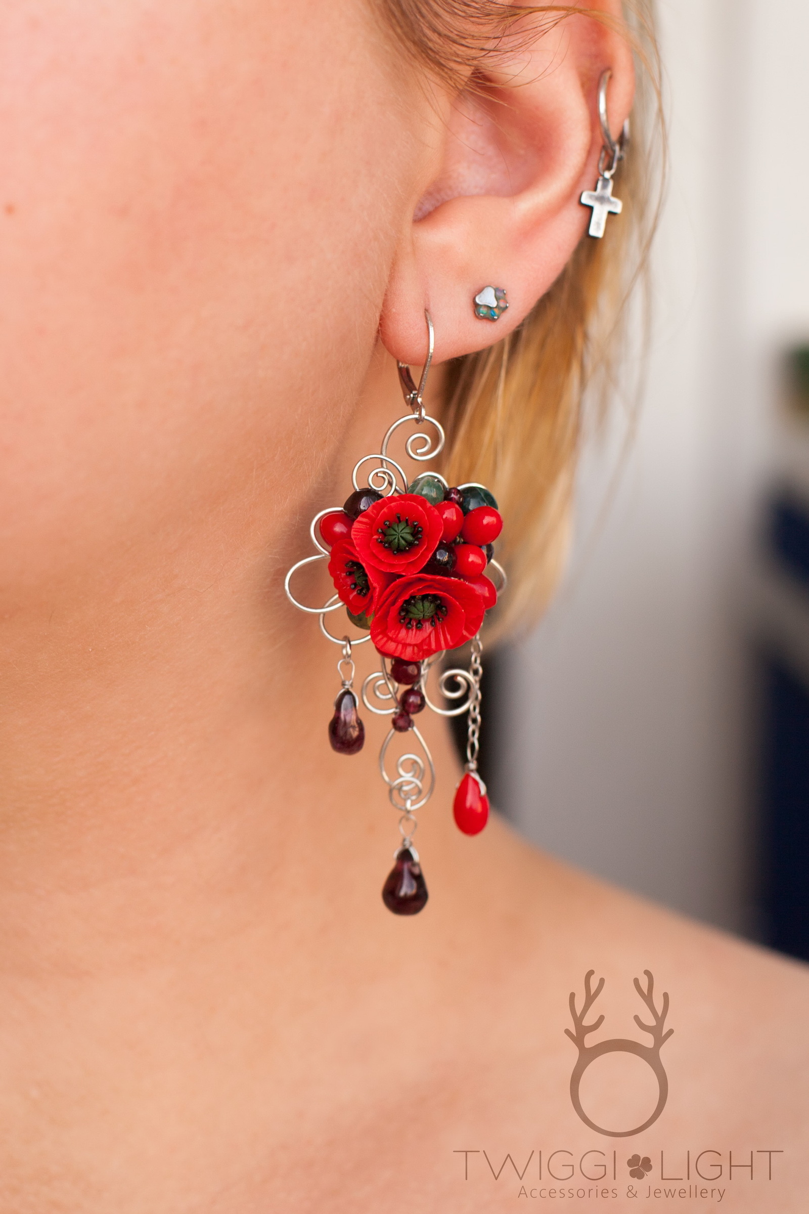 Earrings with poppies (and cuffs :)) - My, Decoration, Cuffs, Earrings, Poppy, Flowers, Needlework without process, Wire, Handmade, Longpost