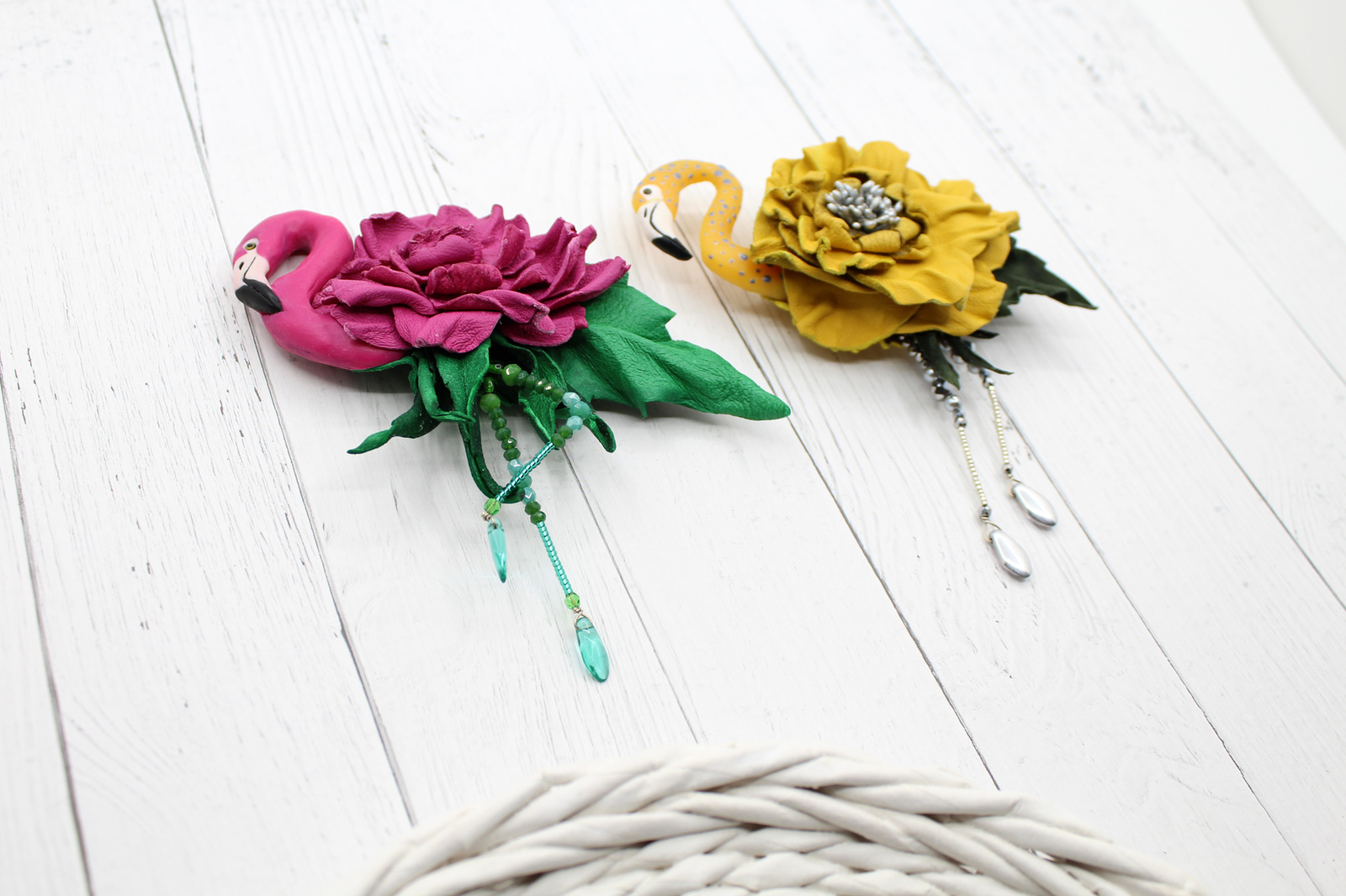 Sister birds (brooches) - My, Needlework without process, Birds, Flamingo, Brooch, Polymer clay, Flowers, Longpost