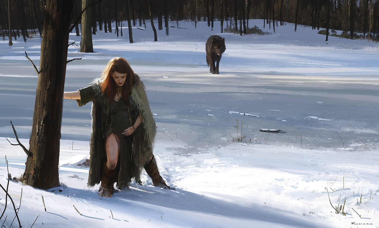 Mother and winter child. - Pregnancy, Mum, Forest, Winter, Wolf, Art, Digital