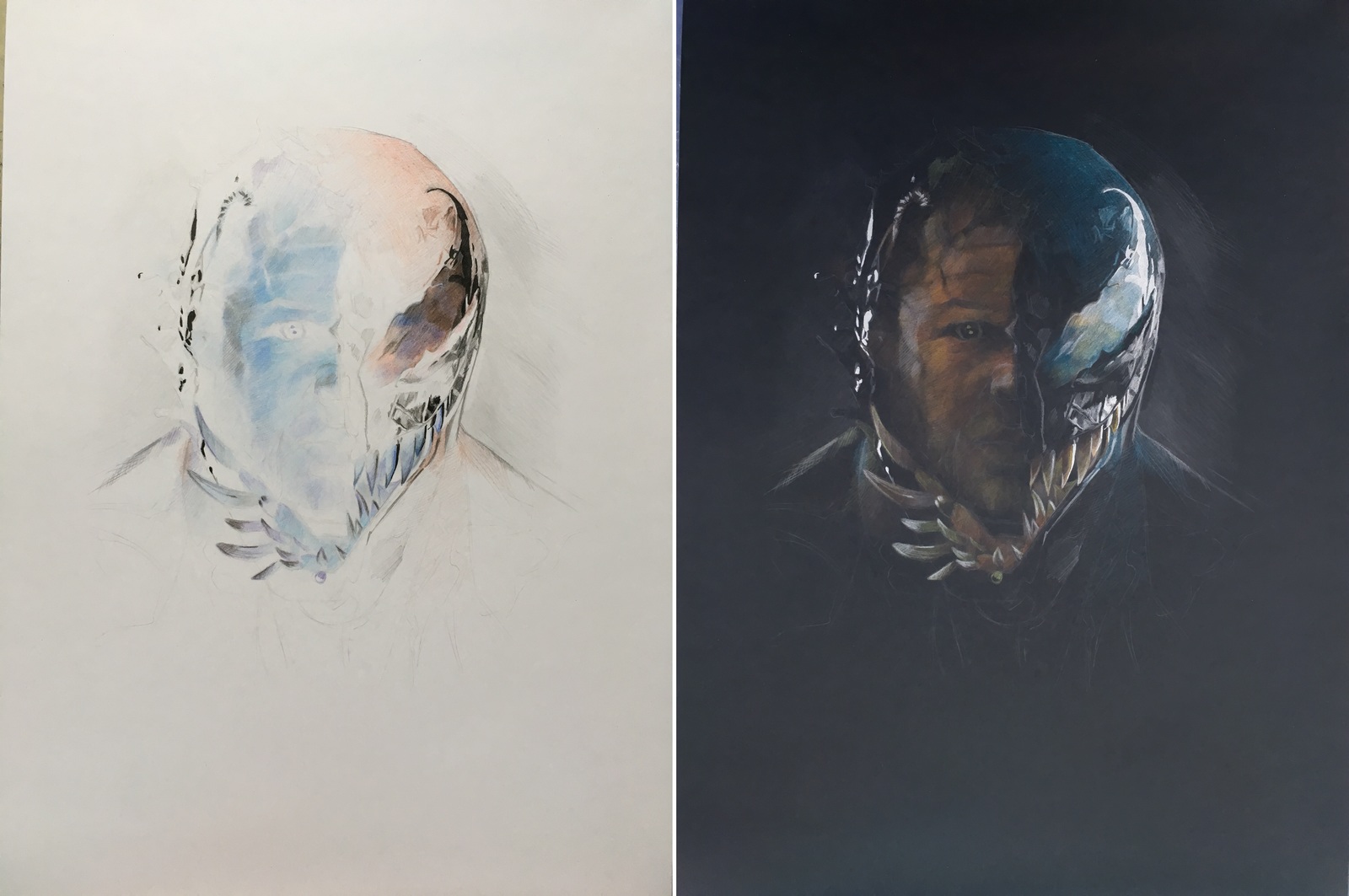 Venom - drawing in negative - My, Tom Hardy, Venom, Art, Drawing, Negative, Colour pencils, Longpost, Pencil drawing