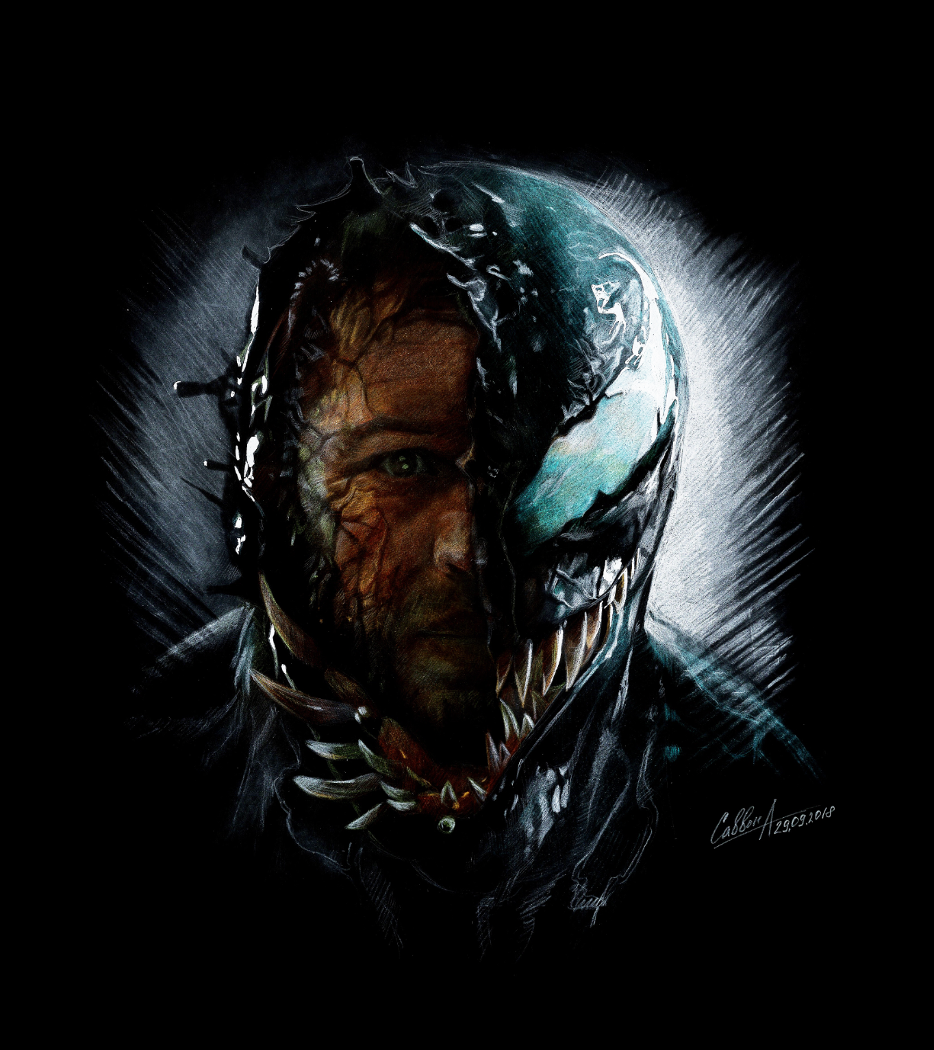 Venom - drawing in negative - My, Tom Hardy, Venom, Art, Drawing, Negative, Colour pencils, Longpost, Pencil drawing