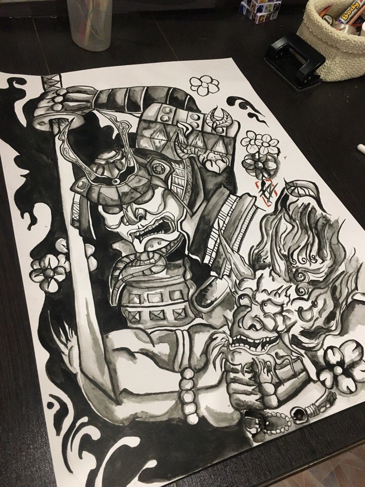 Another picture in the Japanese style - Samurai vs Oni. - My, Drawing, Mascara, Japan, Illustrations, Art, Creation, Longpost, The fight, Samurai