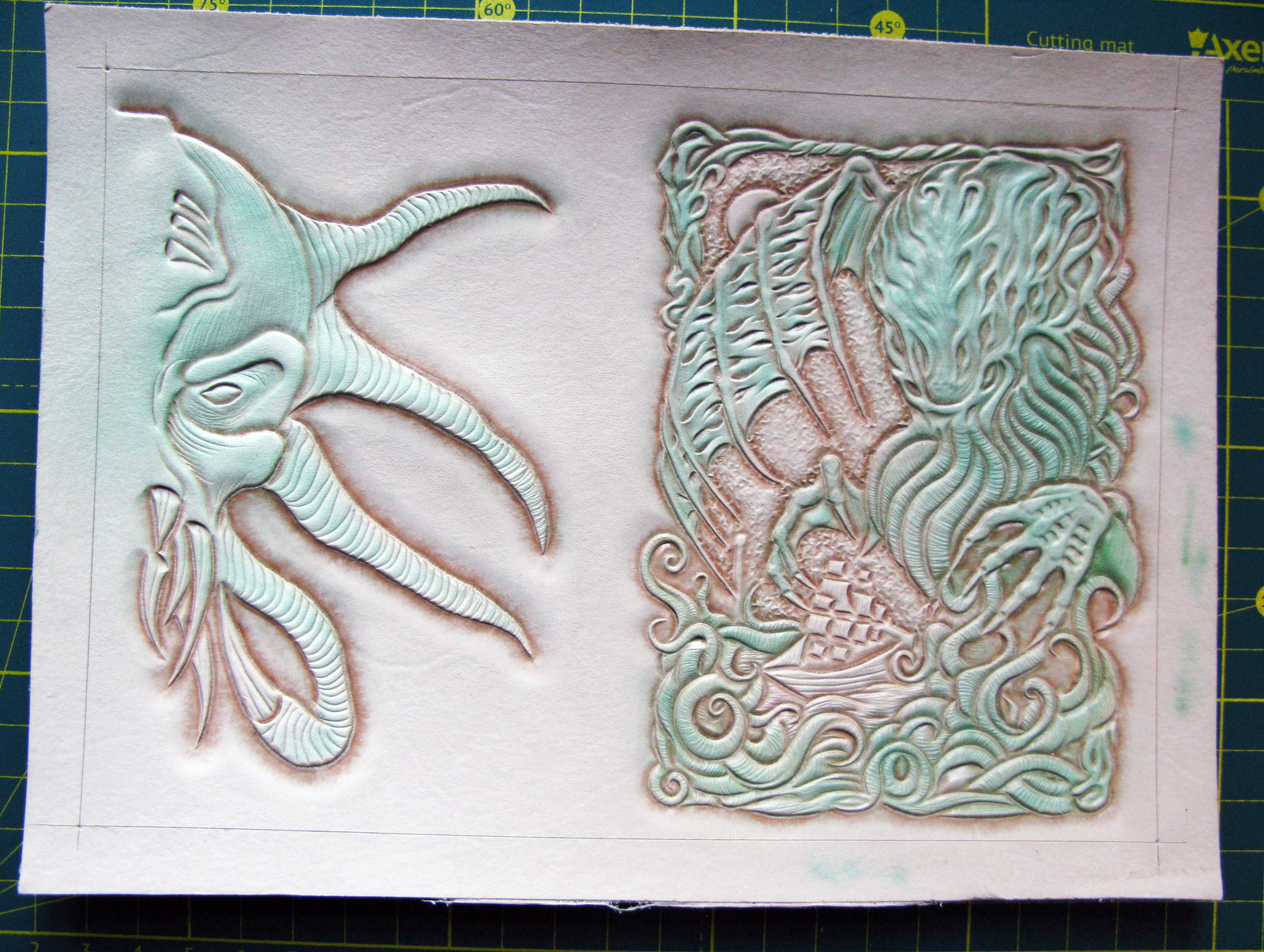 Passport cover. Painting and assembly. - My, Leather, Paints, Assembly, Tutorial, Cthulhu, Cover, Longpost