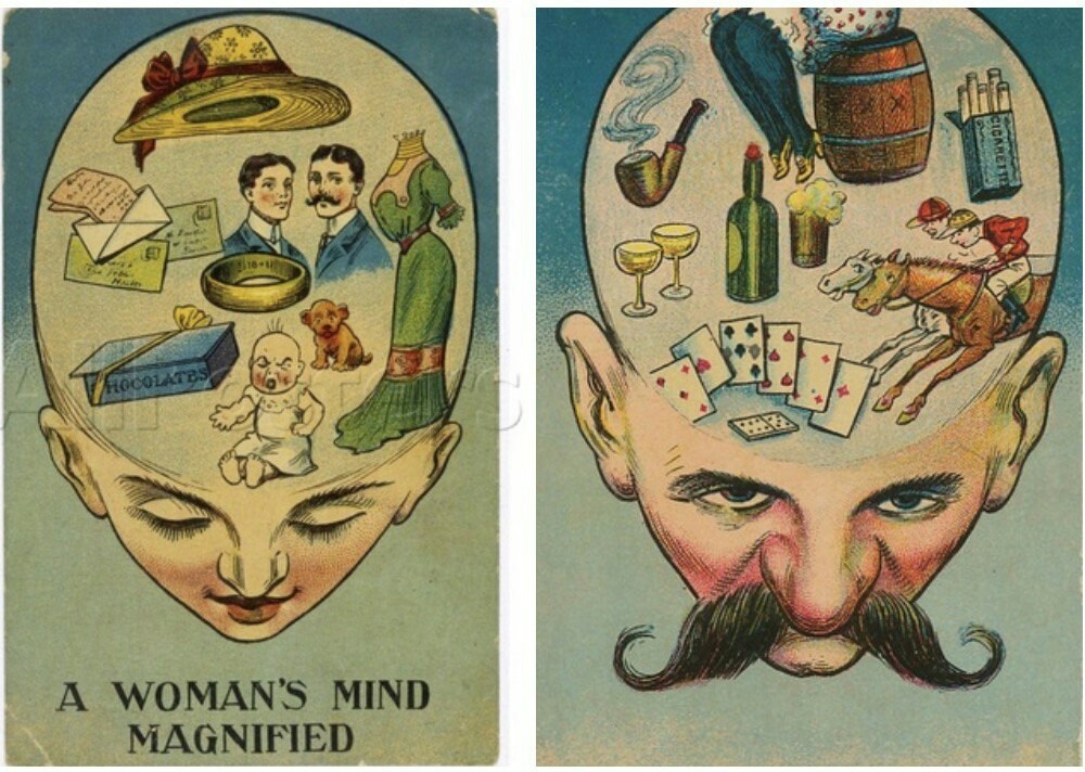 Women's and Men's Minds - English postcards from 1905. - Postcard, Men and women