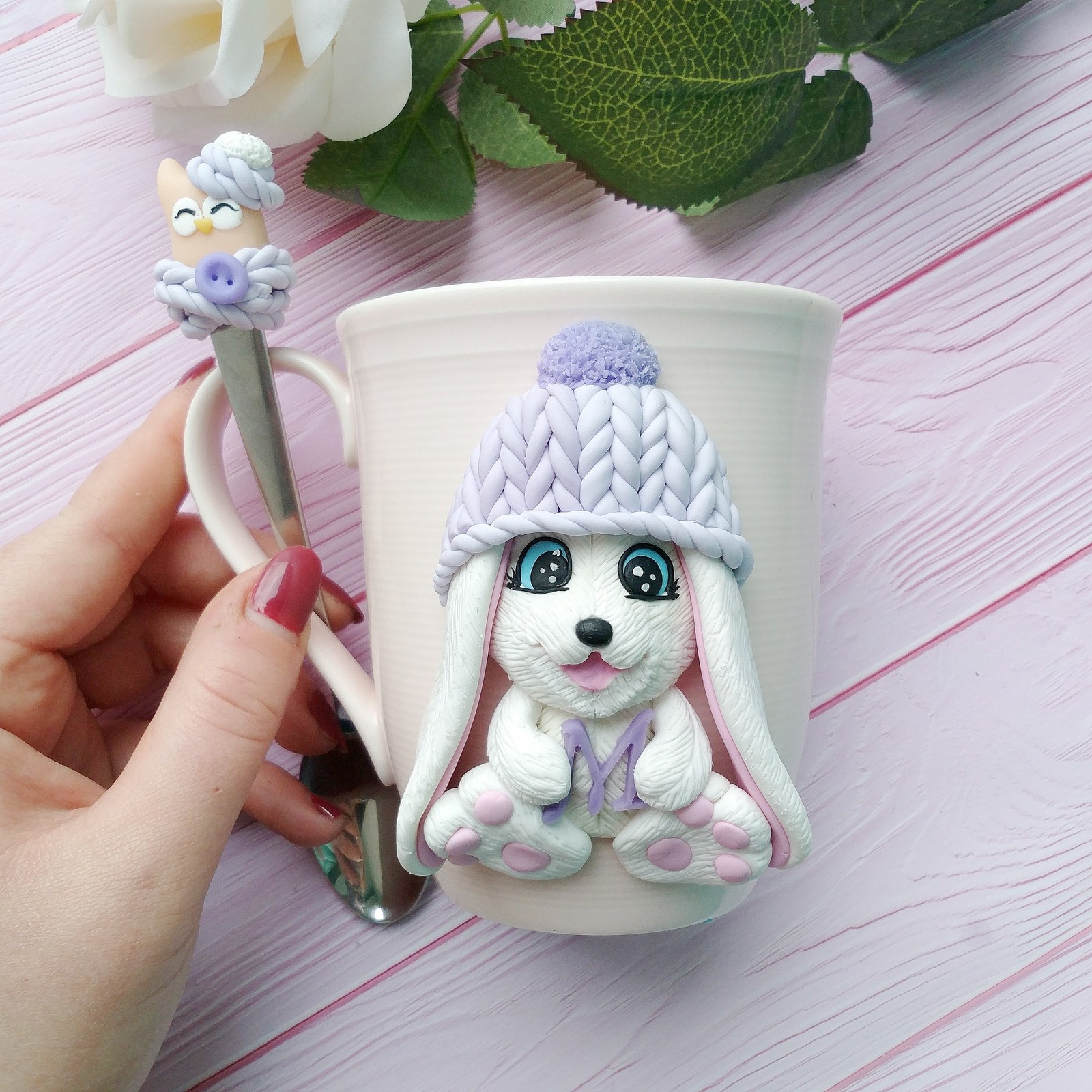 Set with a bunny - My, Mug with decor, Presents, Polymer clay, Unusual gifts, Handmade