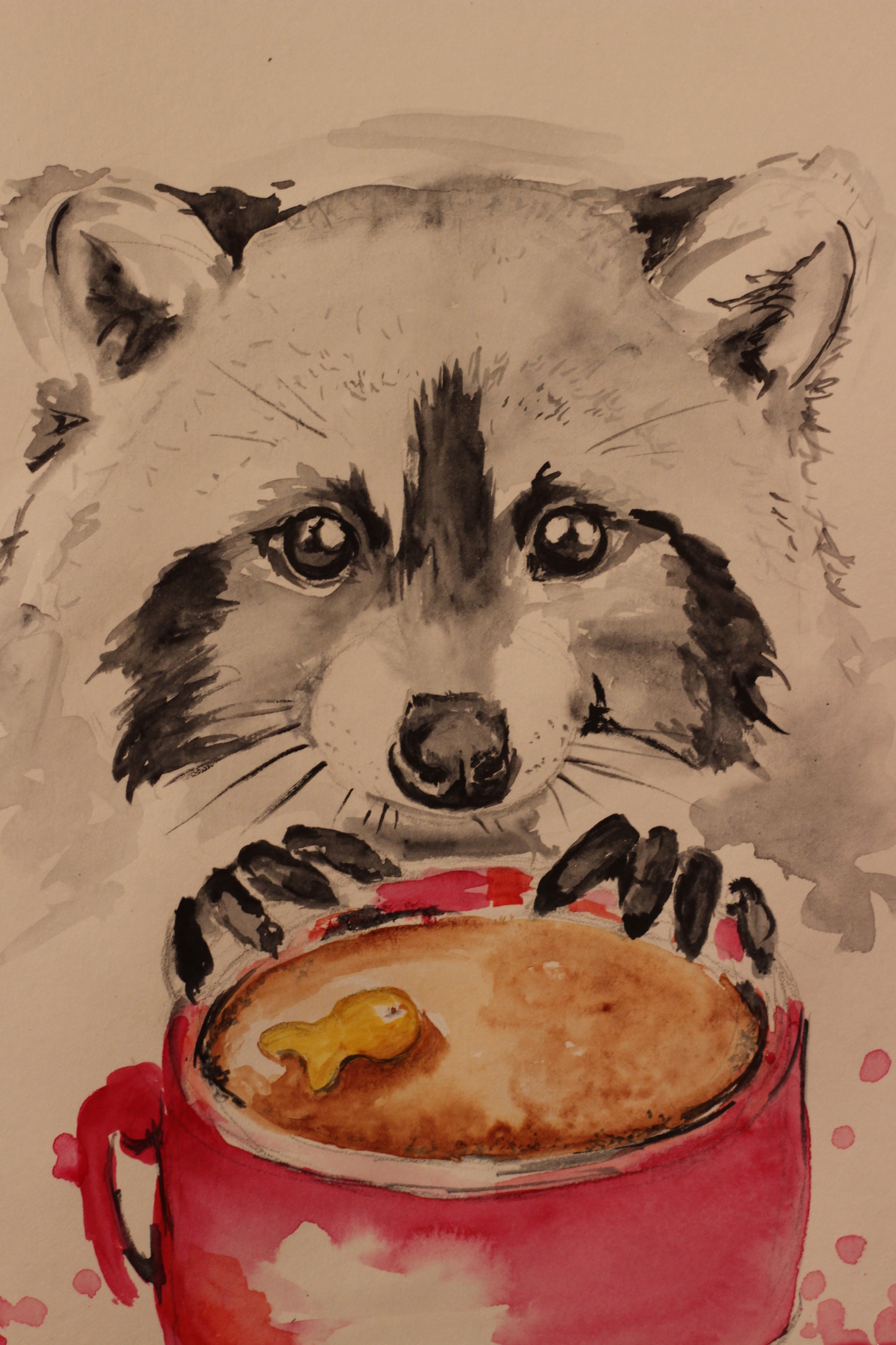 Morning coffee with cookies - My, Painting, Watercolor, Raccoon, Color