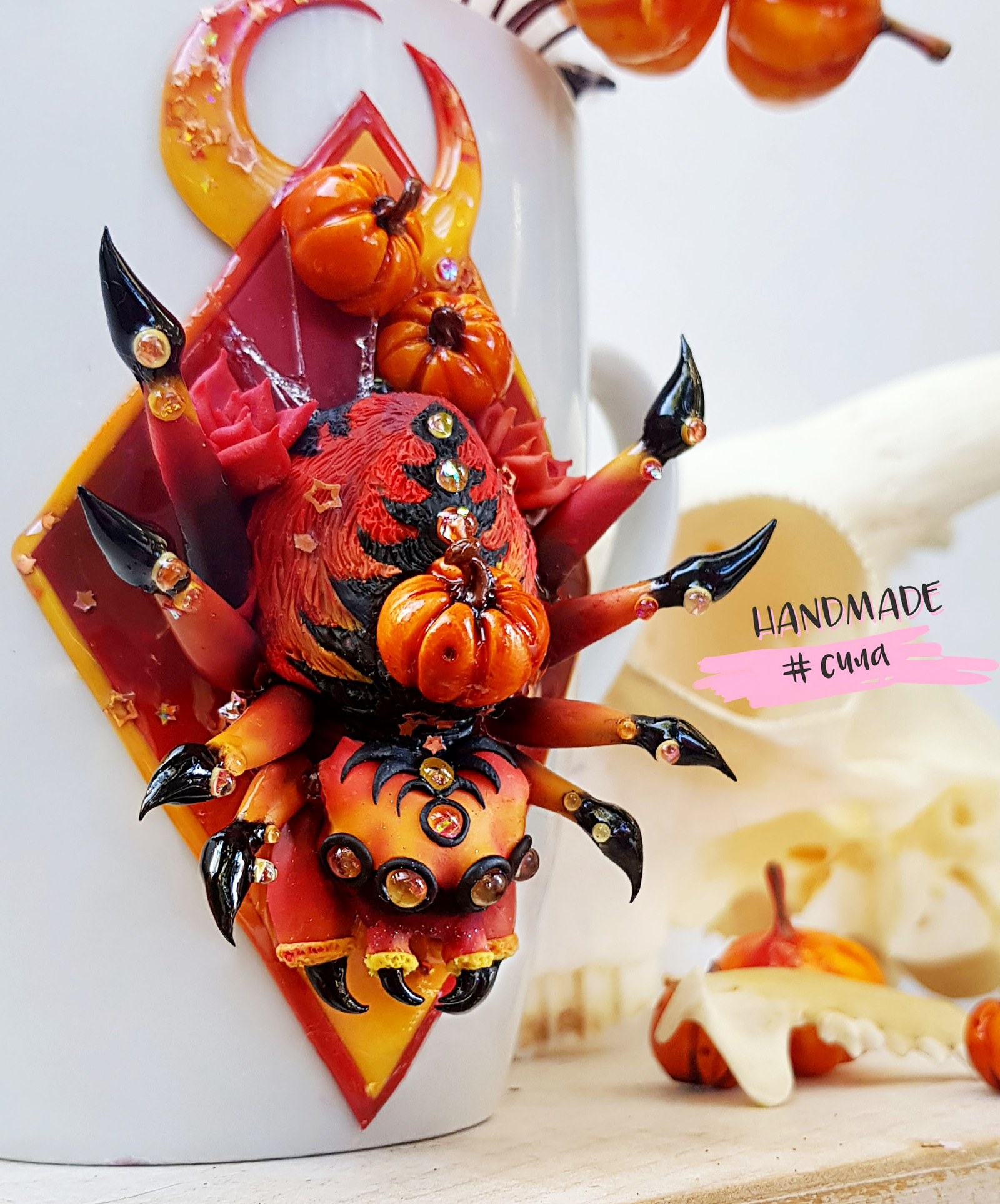 Spider on HALLOWEN covered with pumpkins and cobwebs! - My, Spider, Polymer clay, Idea, Needlework without process, Longpost