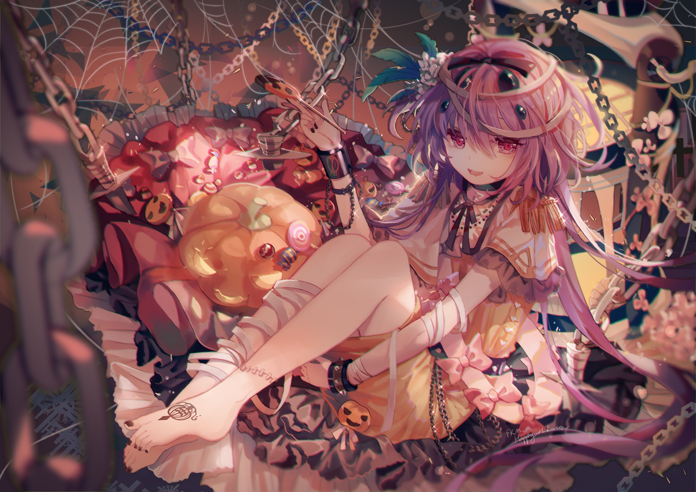 Tsukumo Benben - Anime, Anime art, Touhou, Tsukumo Benben, Yasato, Halloween