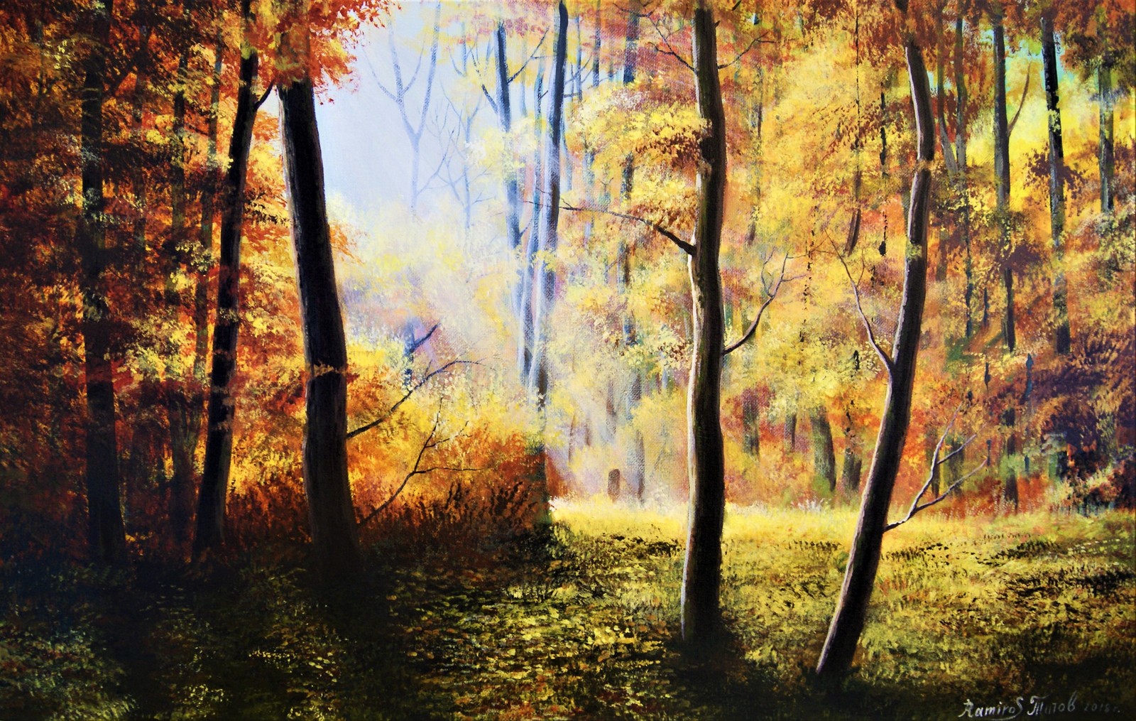 Autumn - My, Autumn, Painting, Acrylic, Forest, Sun rays, , Beautiful, Tree