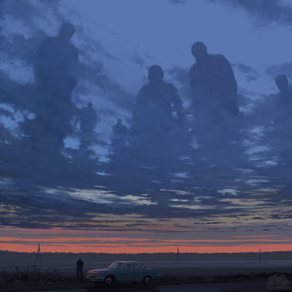 Observers - Art, Drawing, Sunset, Volga, Clouds, Alex andreev, , Auto