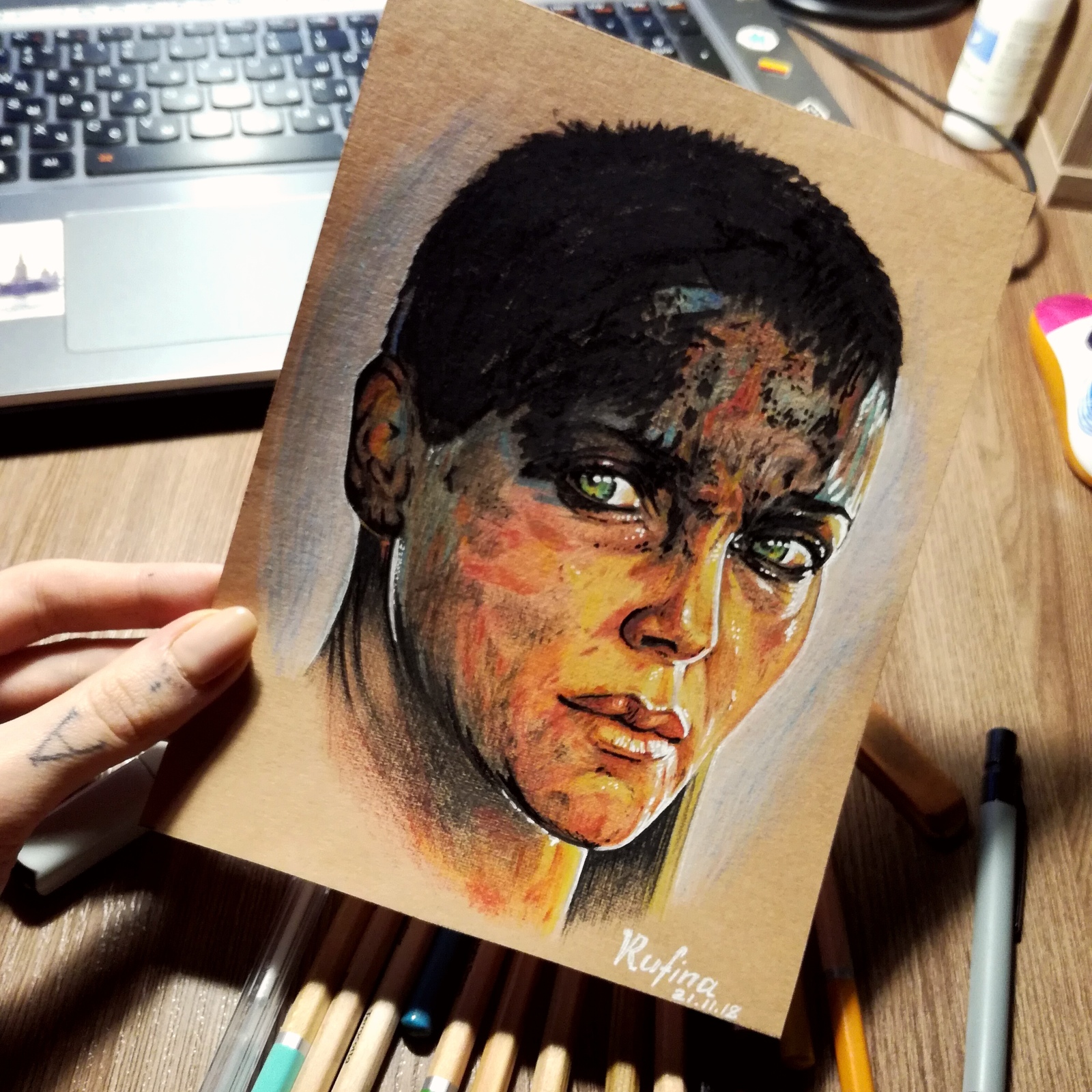 Furiosa - My, Fan art, Crazy Max, Mad Max: Fury Road, Furiosa, Portrait, Charlize Theron, Drawing, Colour pencils