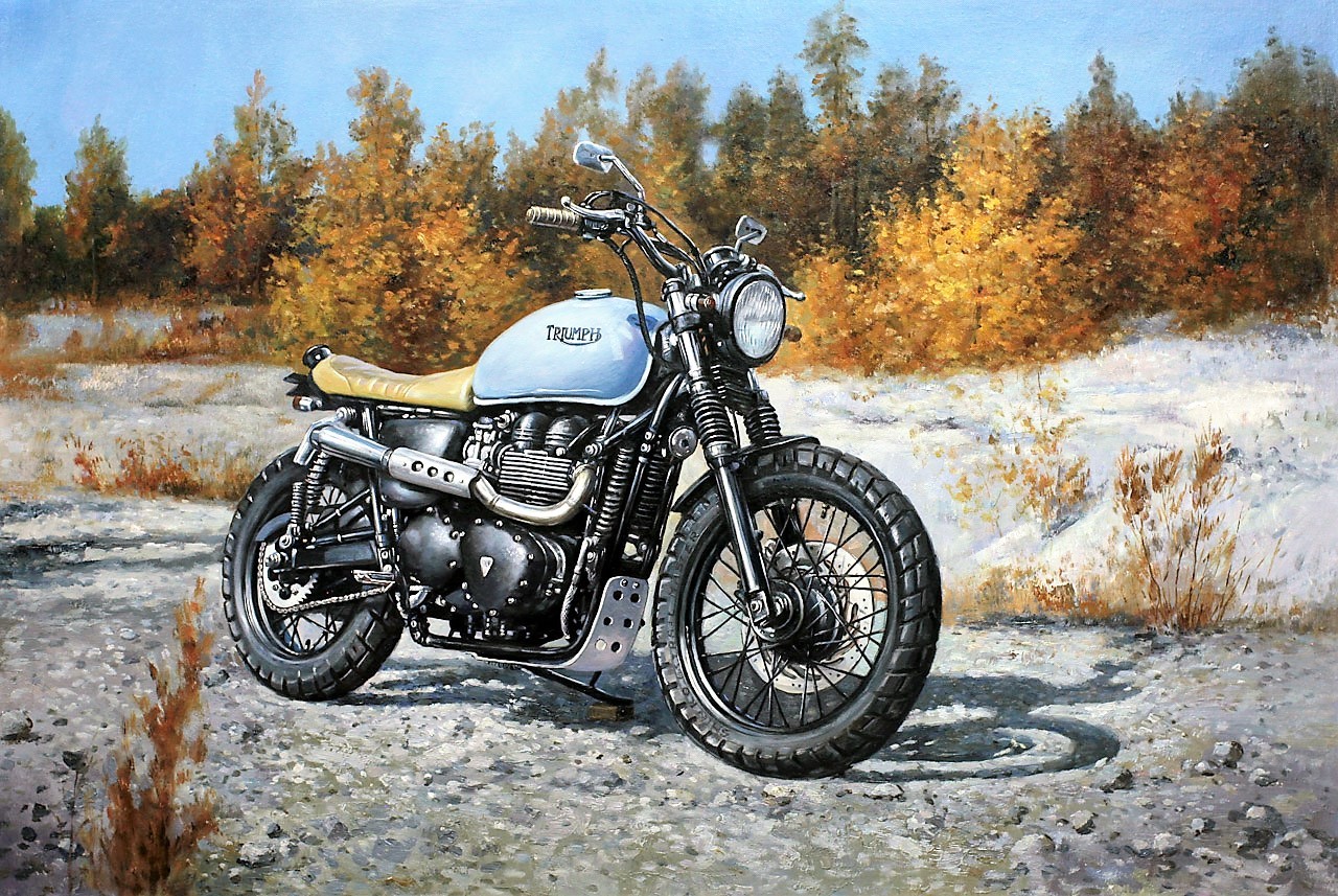 Savely Kamsky My Triumph, oil on canvas - Motorcycles, Race, Painting, Painting, Oil painting, Moto