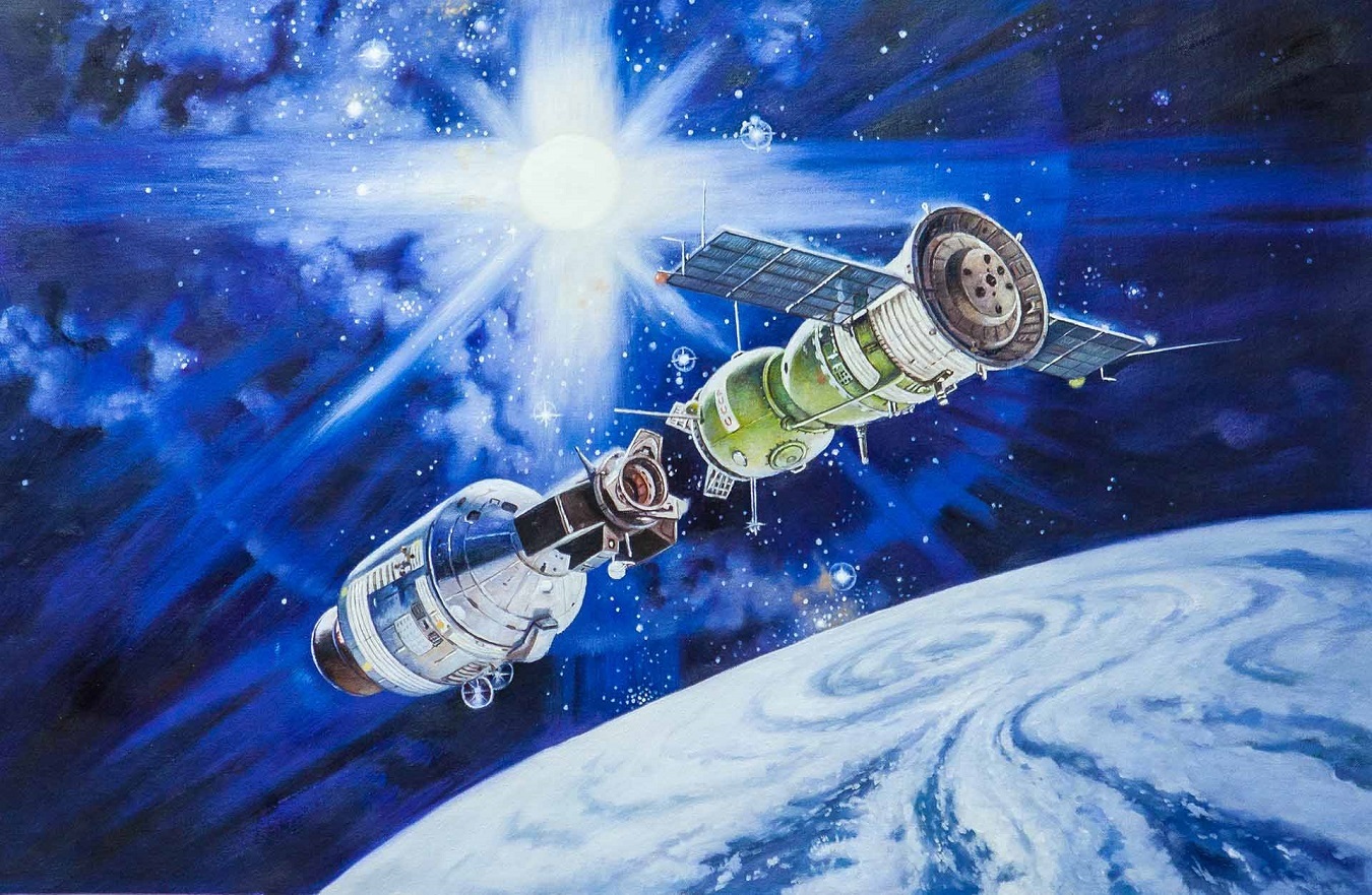 A copy of the painting by Robert McCall Handshake in space - Space, Universe, Painting, Painting, Art, ISS, Flight