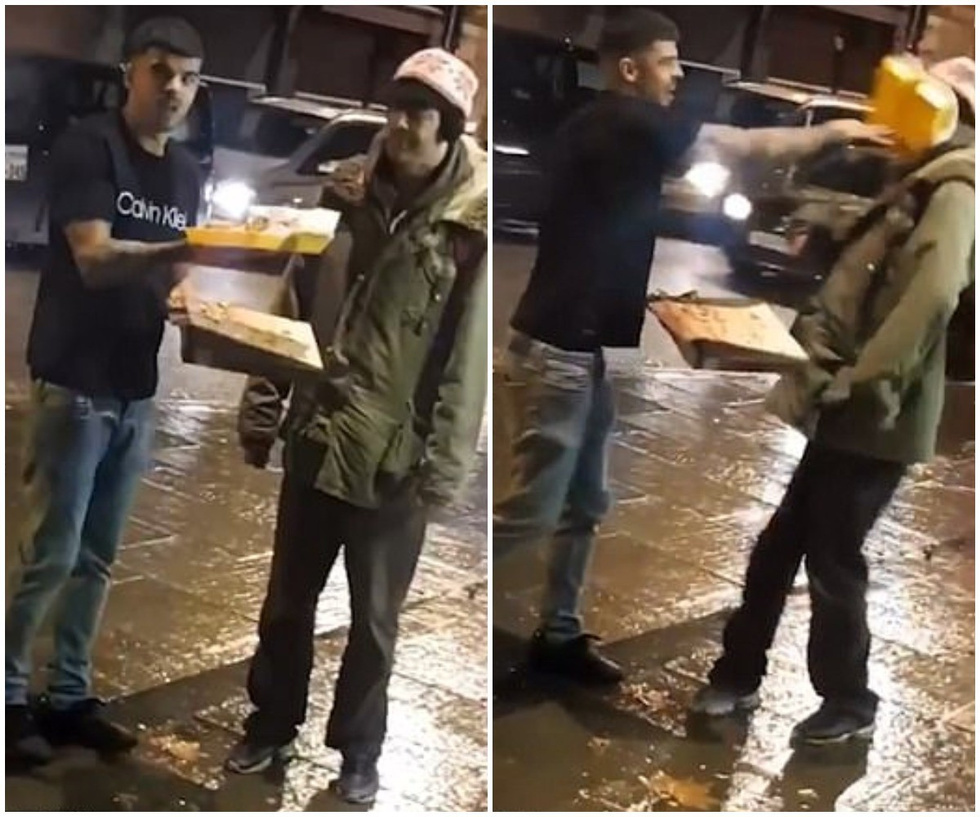 The thug offered food to the homeless and threw it in his face, filming it on video - Mockery, Threat, Homeless