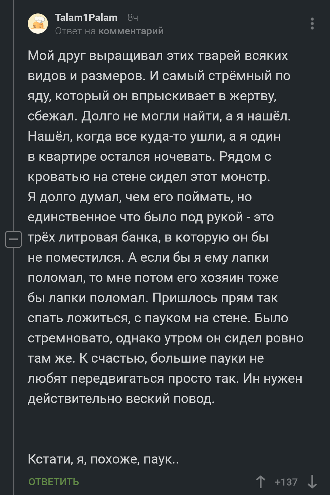 Спайдер - Комментарии на Пикабу, Паук, Скриншот, Длиннопост, Комментарии