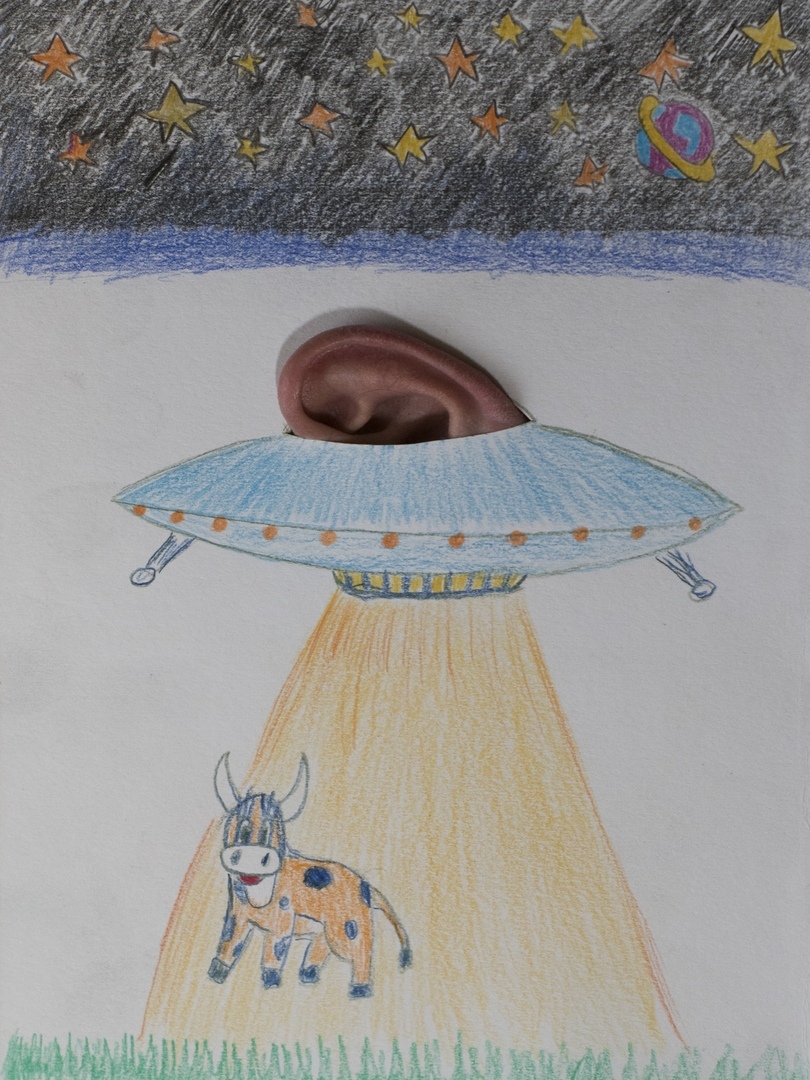 Human ear on a flying saucer kidnaps a cow - My, Trash, , UFO, Trash