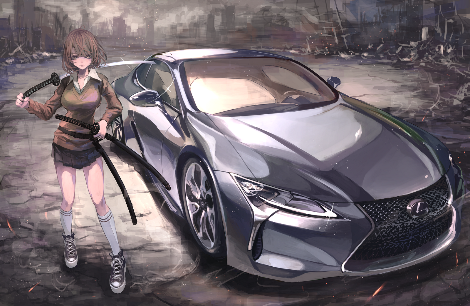 Cars and weapons - Anime art, Anime, Longpost, Alice in Wonderland, , Auto, Weapon, Schoolgirls, School uniform