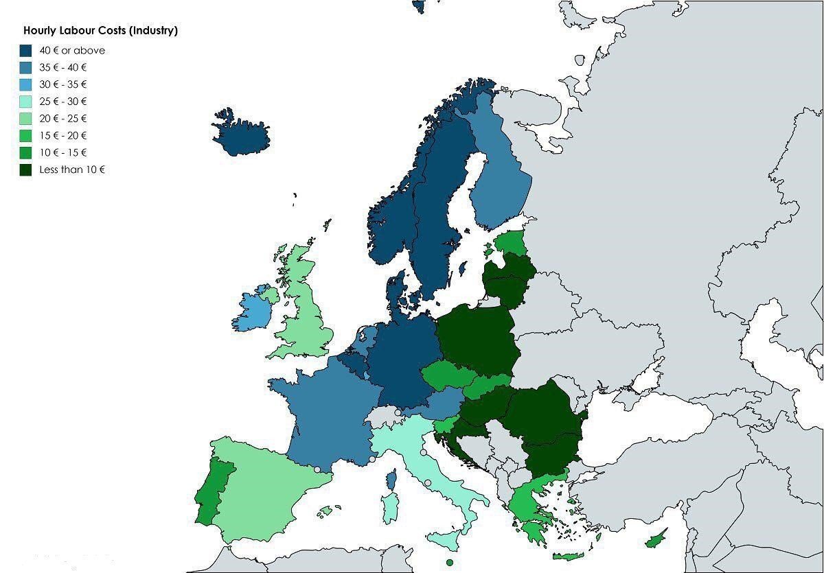 Hourly cost of labor in EU countries - Graphics, Cards, European Union, Statistics, Images, Europe