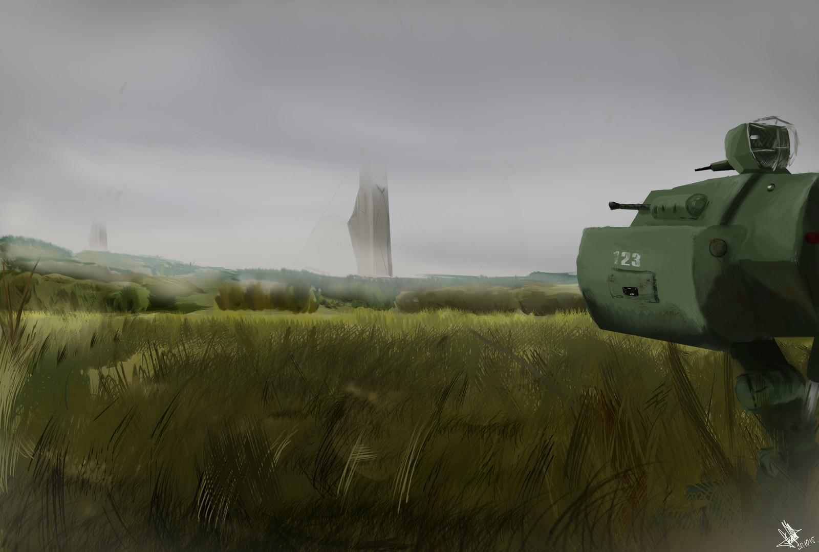 Patrol - My, Fantasy, Digital drawing, Field, Walking tank