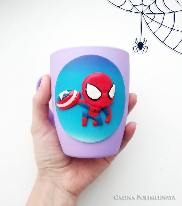 Spiderman ^_^ - My, Spiderman, Marvel, Polymer clay, Needlework without process, Handmade, Handmade, Кружки, Лепка, Longpost, Mug with decor