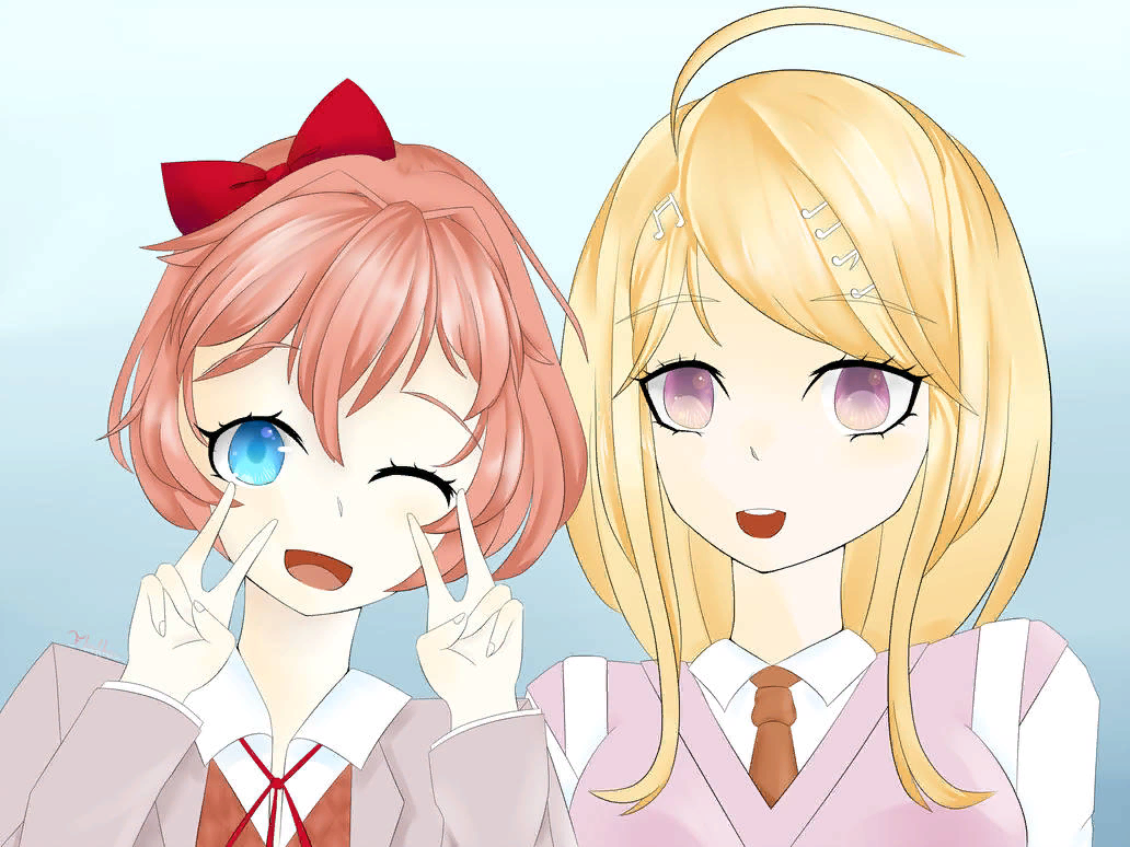 Sayori and her new friend Kaede - Doki Doki Literature Club, Crossover, Danganronpa, Sayori, Akamatsu kaede, Anime art, Visual novel