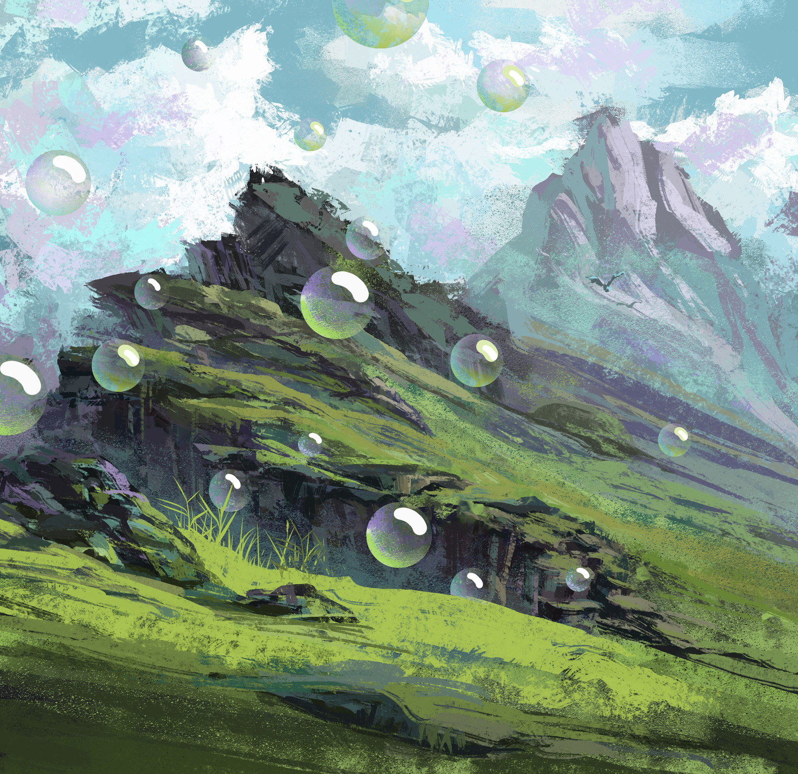 Someone is blowing big soap bubbles under the mountain. - My, Nature, Digital drawing, Painting, The mountains, Photoshop, Drawing, Bubble, Landscape