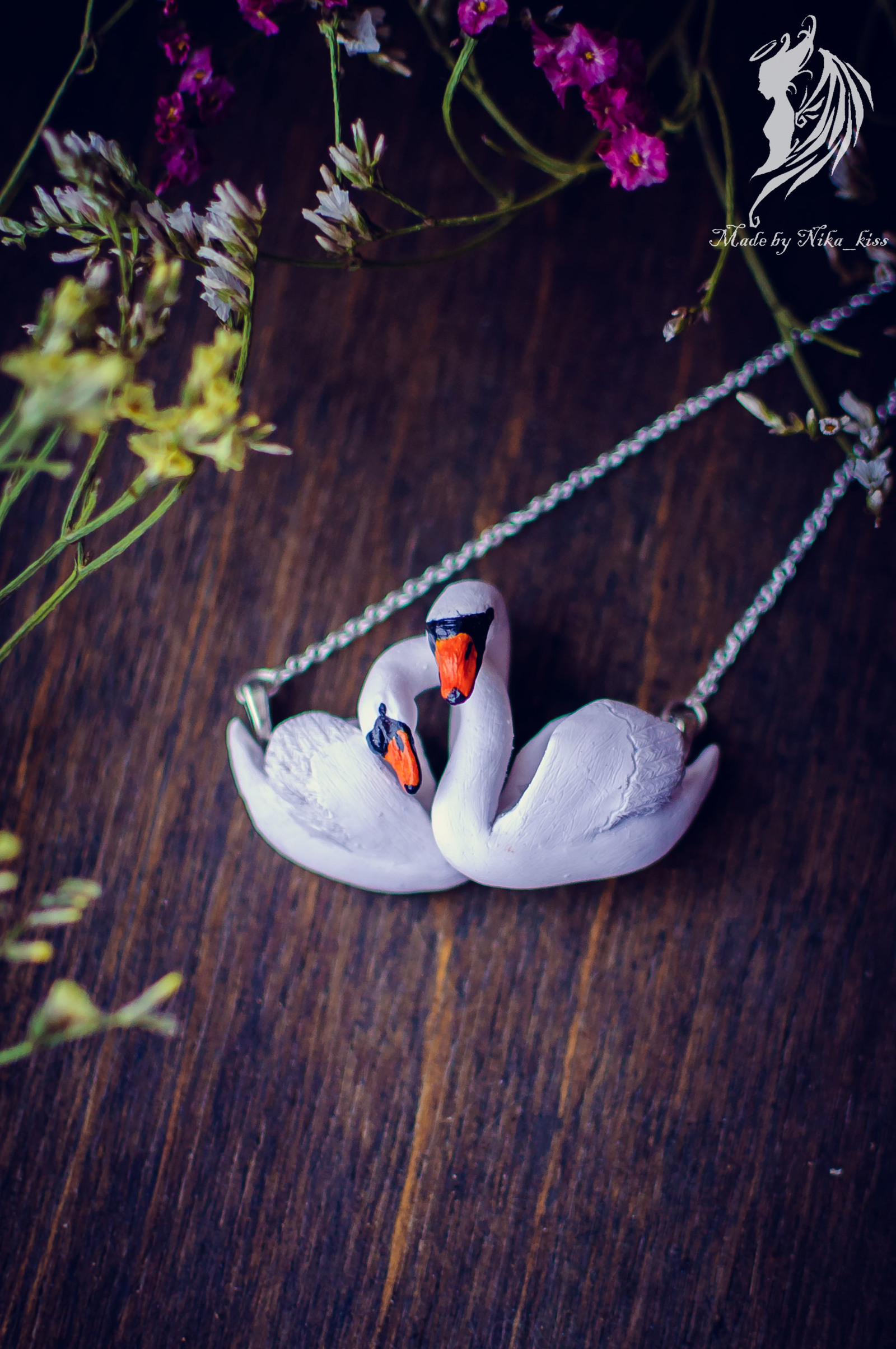 Pendant in the form of swans made of polymer clay. - My, Handmade, Polymer clay, Swans, Nika_kiss, Needlework without process, Suspension, Longpost