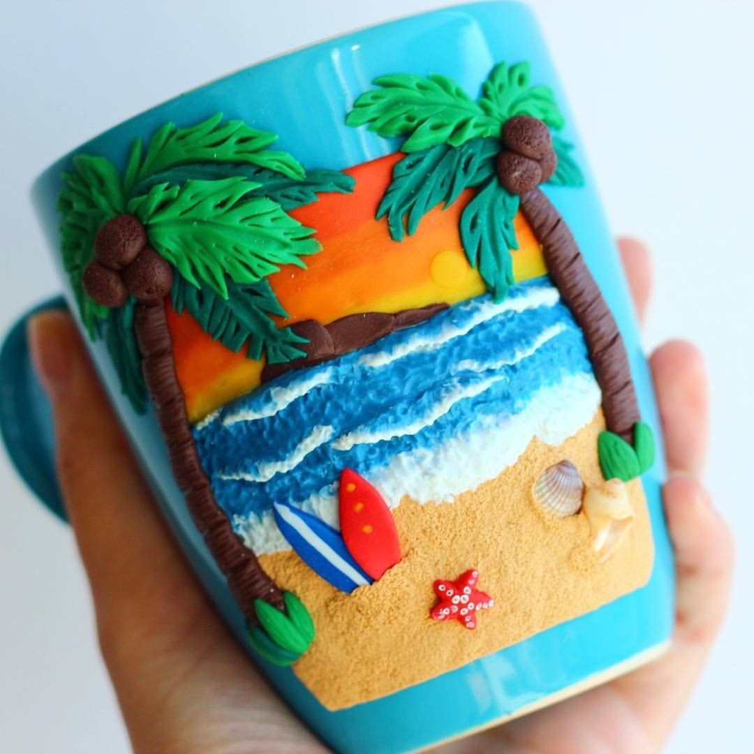 Polymer clay beach mug - My, Polymer clay, Handmade, Beach, Sea, Mug with decor, Permian