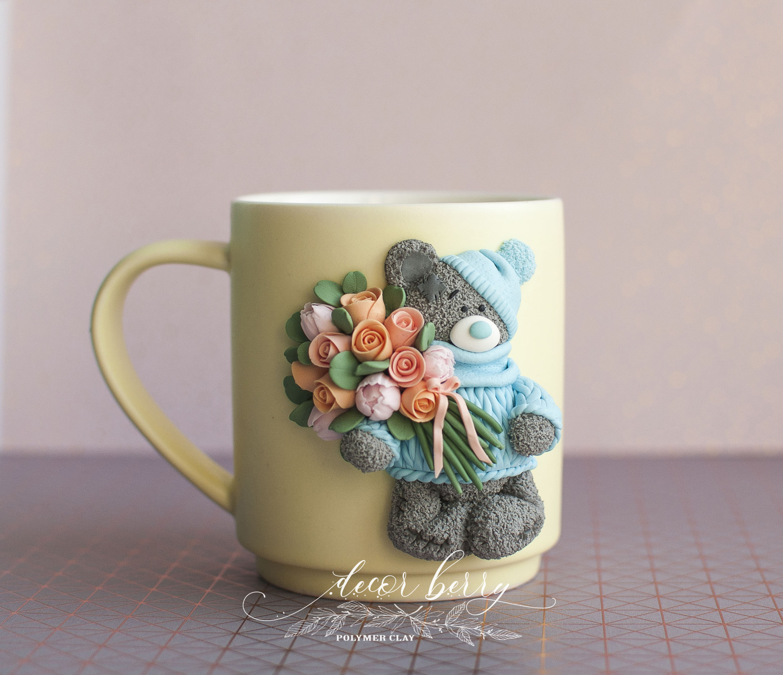 Teddy bear with a bunch of flowers. - My, Polymer clay, Decor