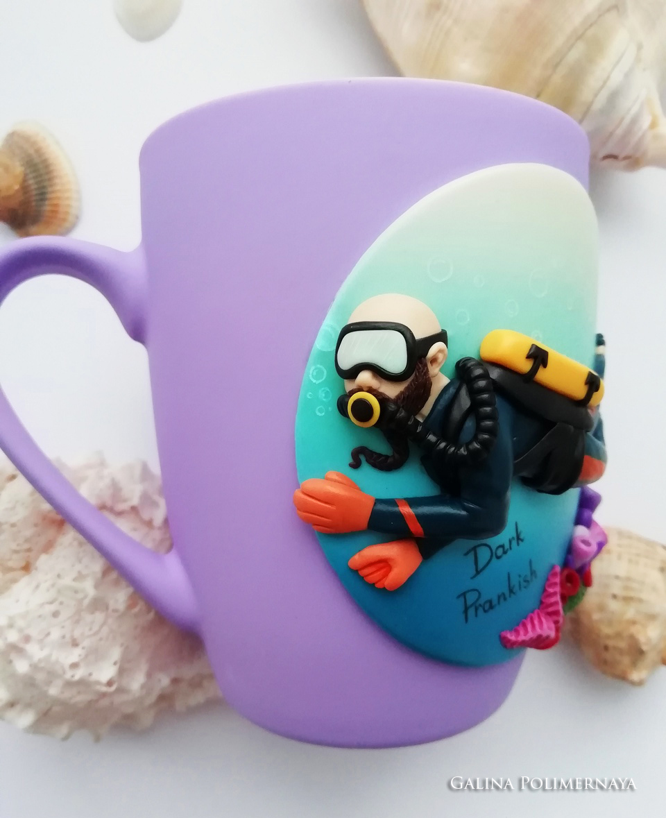 Diver mug ^_^ - My, Diver, Кружки, Polymer clay, Needlework without process, Handmade, Лепка, Handmade, Longpost, Mug with decor