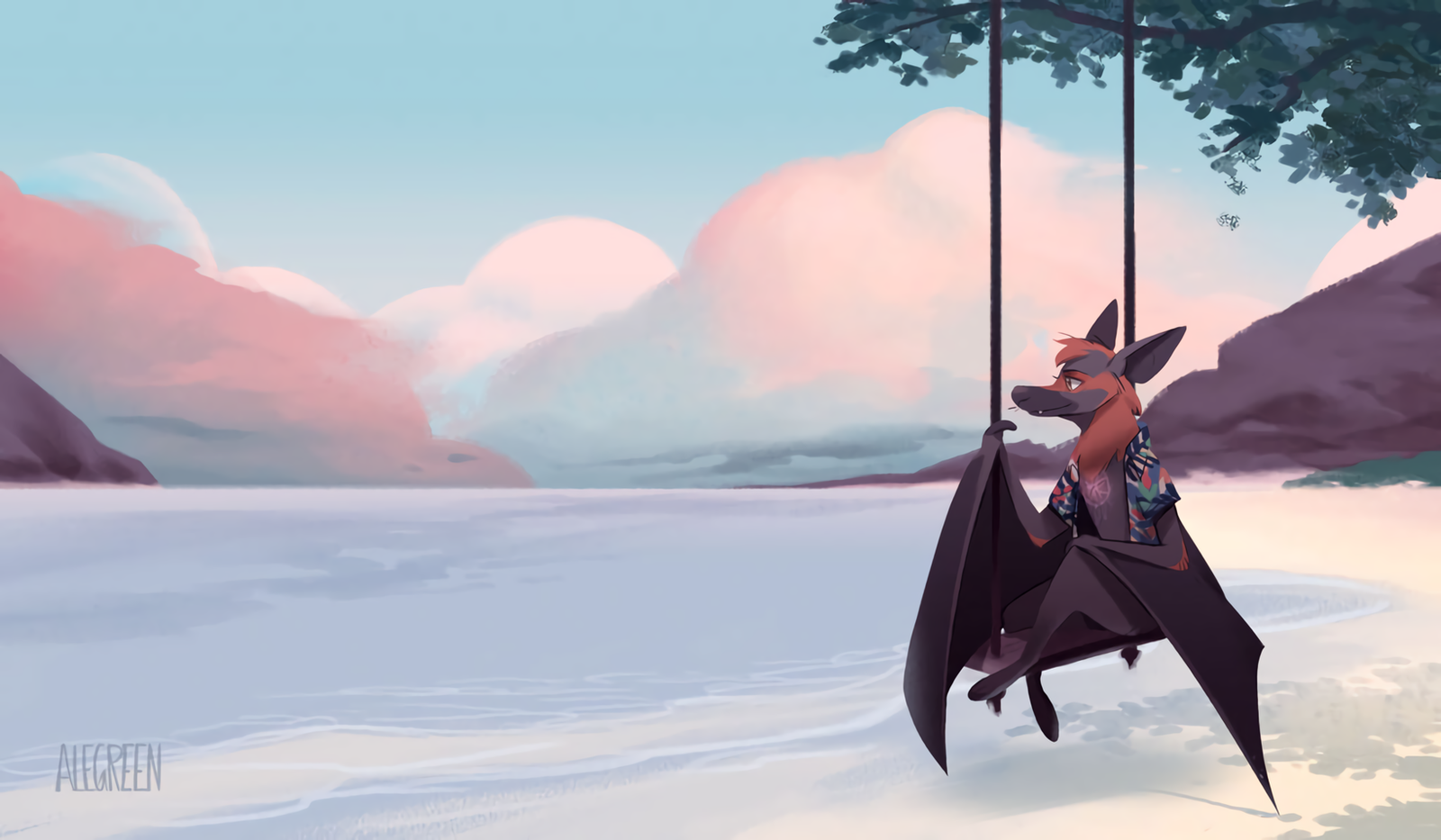 There is a Place... - Фурри, Furry Art, Антро, Furry Bat, Качели, Aledles