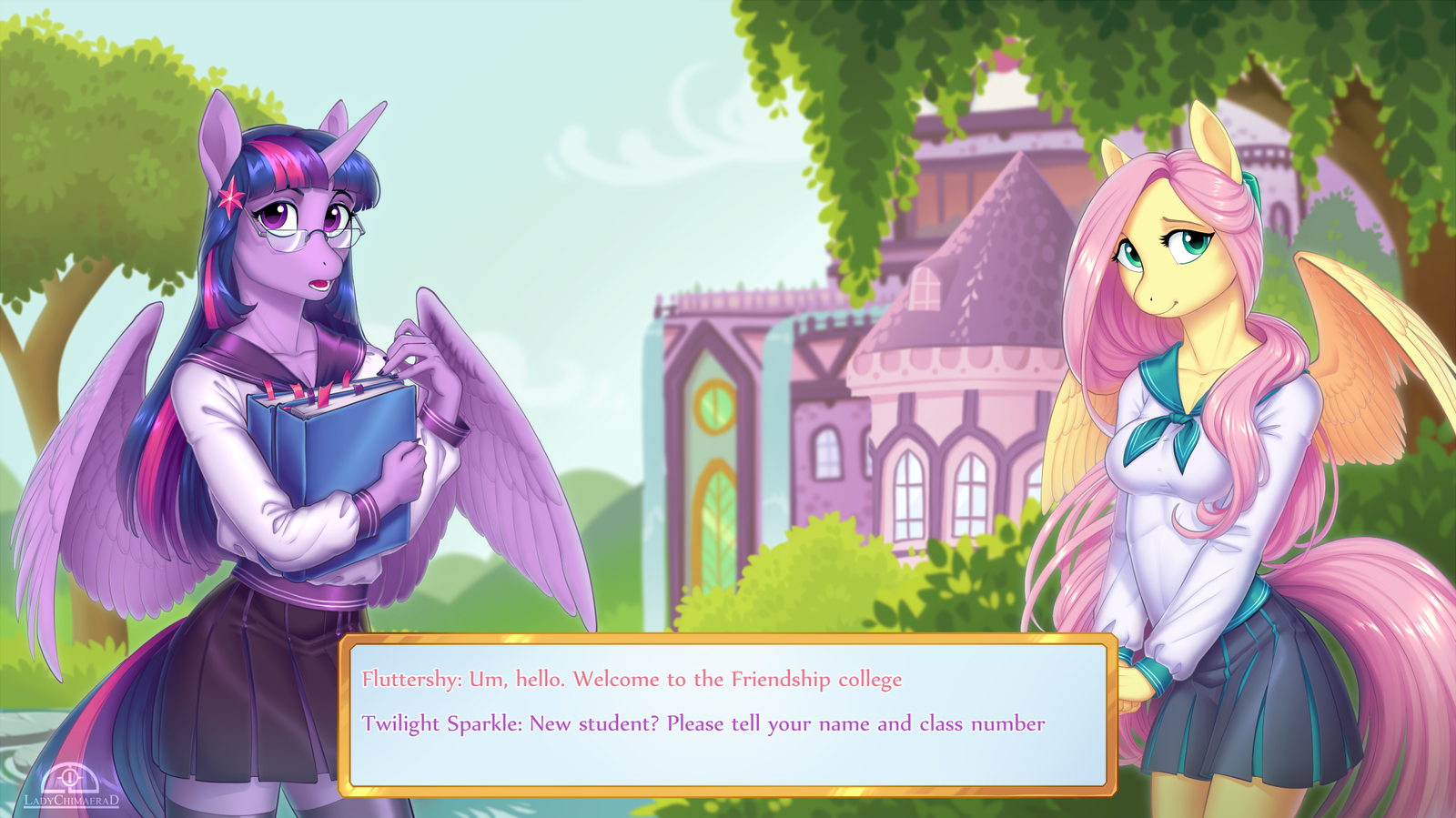 Friendship college - My little pony, Twilight sparkle, Fluttershy, Anthro, Ladychimaera, Visual novel