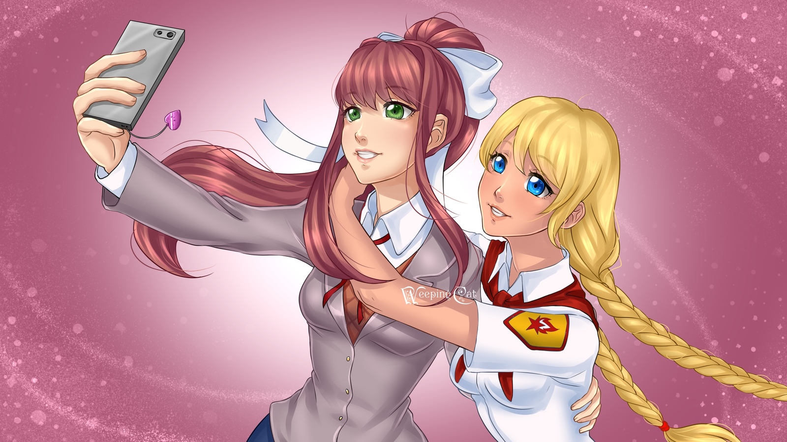 Улыбочку! - Бесконечное Лето, Doki Doki Literature Club, Crossover, Моника, Славя, Арт, Weepingcat, Кроссовер, Monika