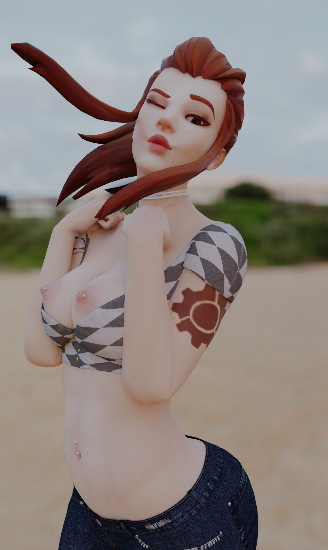 Minx Brigitte - NSFW, 3dx, Hand-drawn erotica, Erotic, Games, Overwatch, Brigitte, Boobs, Piercing