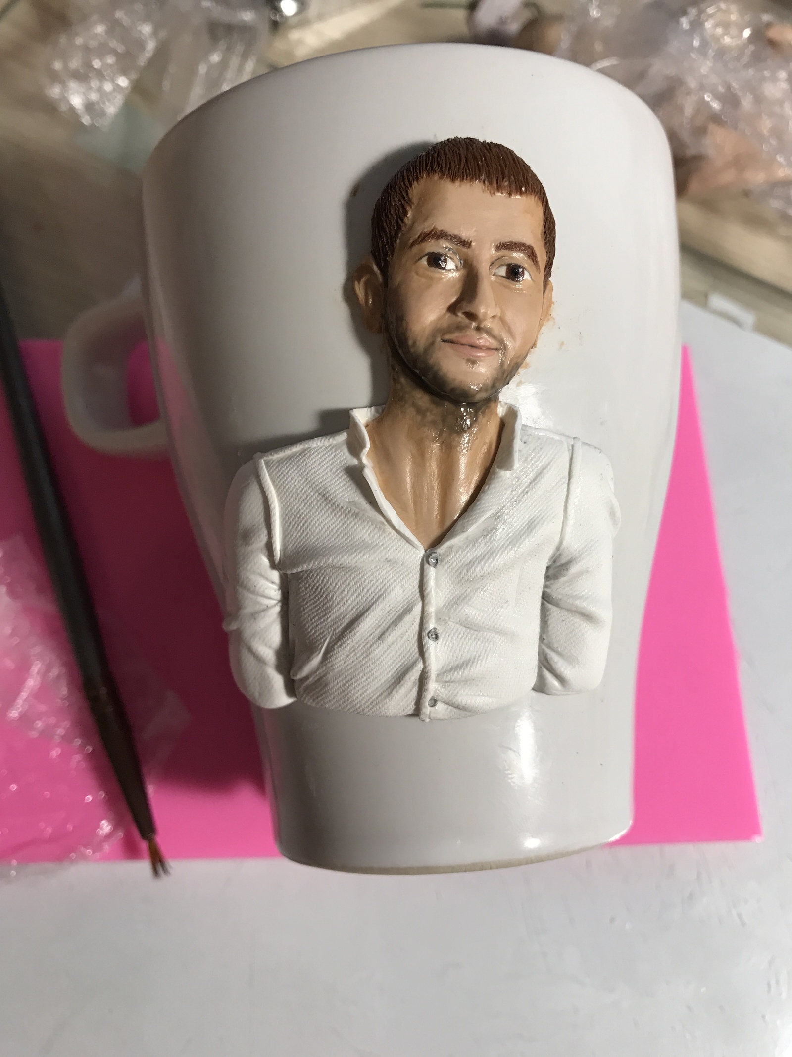 Portrait of a man from a polymer clay photo - My, Polymer clay, Кружки, Mug with decor, Needlework with process, Portrait, Longpost