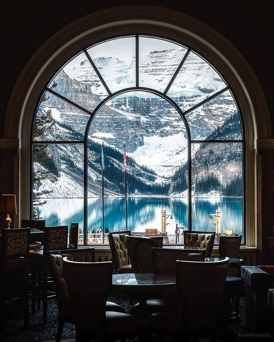 Table overlooking the lake - Lake Louise, Alberta, Canada, A restaurant, View, Lake, Window